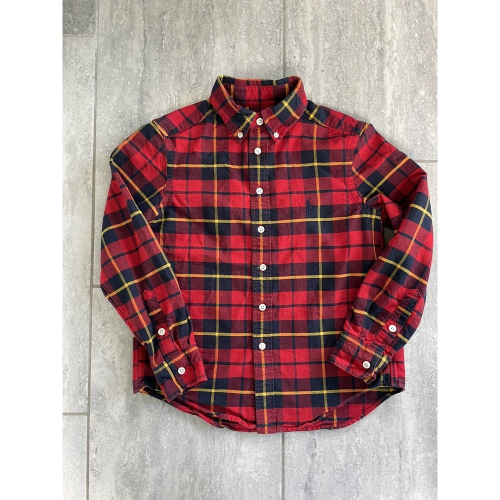 ralph lauren Red Yellow Navy Plaid Button Down Shirt Boys kids size small Preppy